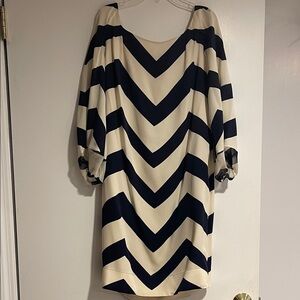 Diane Von Furstenberg Navy and Cream Chevron Shift Dress with Belt